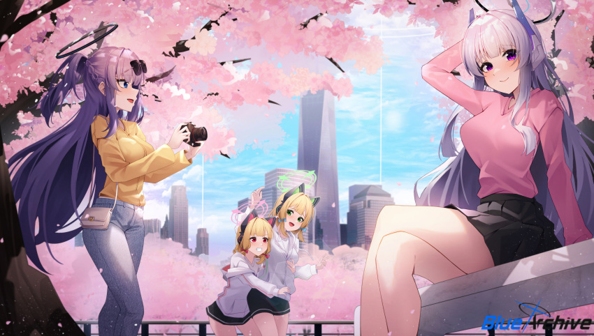 4girls absurdres black_shorts black_skirt blonde_hair blue_archive blush breasts building camera cherry_blossoms commentary day green_eyes green_halo grey_hair grey_pants grin halo hidel highres holding holding_camera hood hooded_jacket jacket large_breasts long_hair long_sleeves mechanical_halo midori_(blue_archive) momoi_(blue_archive) multiple_girls noa_(blue_archive) open_mouth outdoors pants pink_halo pink_shirt pleated_skirt purple_hair red_eyes shirt short_hair shorts siblings sisters skirt smile symbol-only_commentary twins violet_eyes white_jacket yellow_shirt yuuka_(blue_archive)