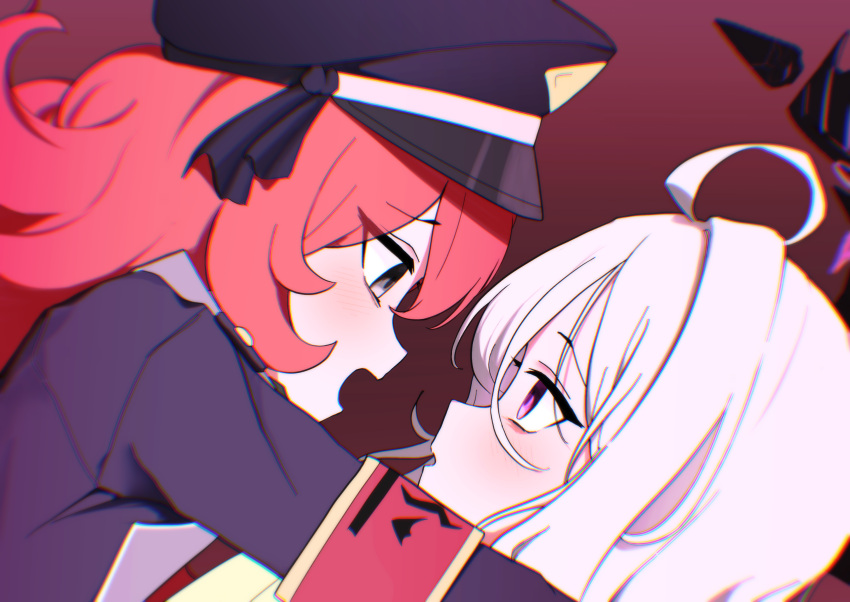 2girls ahoge armband black_halo black_hat blue_archive eye_contact from_side grey_eyes halo hat highres hina_(blue_archive) iroha_(blue_archive) long_hair looking_at_another multiple_girls open_mouth peaked_cap red_armband red_background redhead violet_eyes white_hair yungun_(dbsrjsdn0330)