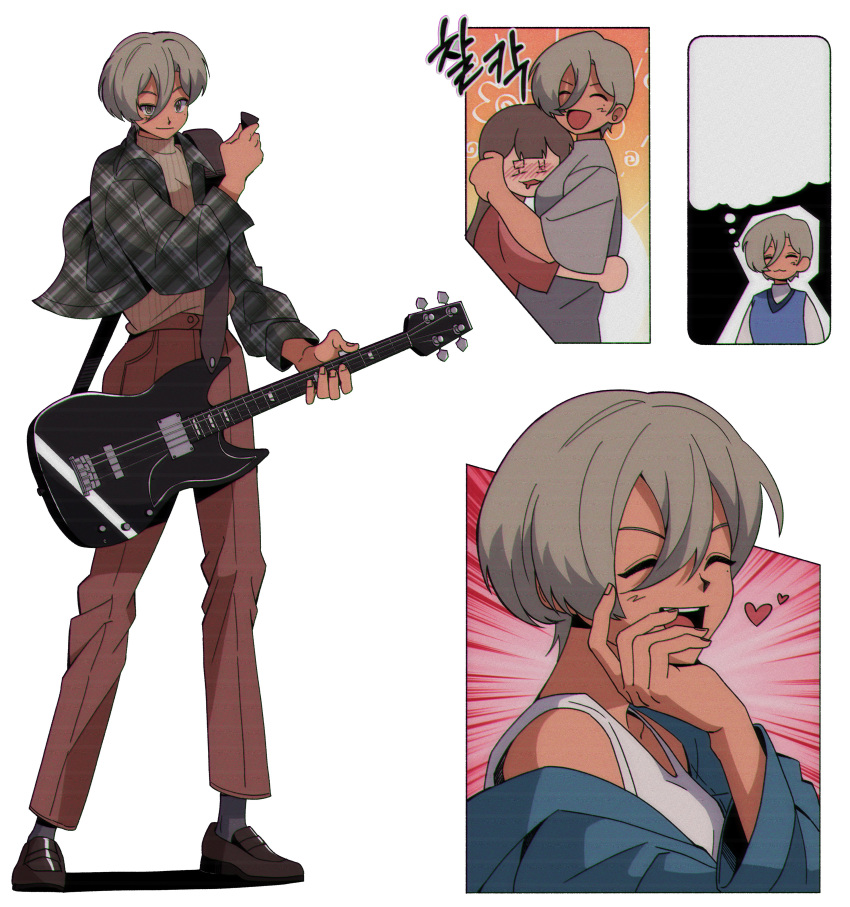 2girls :3 ^_^ absurdres bass_guitar bio_w5 blue_jacket blush brown_footwear brown_hair brown_pants brown_sweater closed_eyes commentary_request drooling girls_band_cry grey_eyes grey_hair grey_jacket grey_socks hair_between_eyes hand_up heart highres holding holding_bass_guitar holding_instrument holding_plectrum hug instrument jacket korean_commentary korean_text long_hair long_hair_between_eyes long_sleeves mouth_drool multiple_girls open_clothes open_jacket open_mouth pants plectrum rupa_(girls_band_cry) short_hair socks standing sweater tank_top thought_bubble translation_request unmoving_pattern white_background white_tank_top yuri