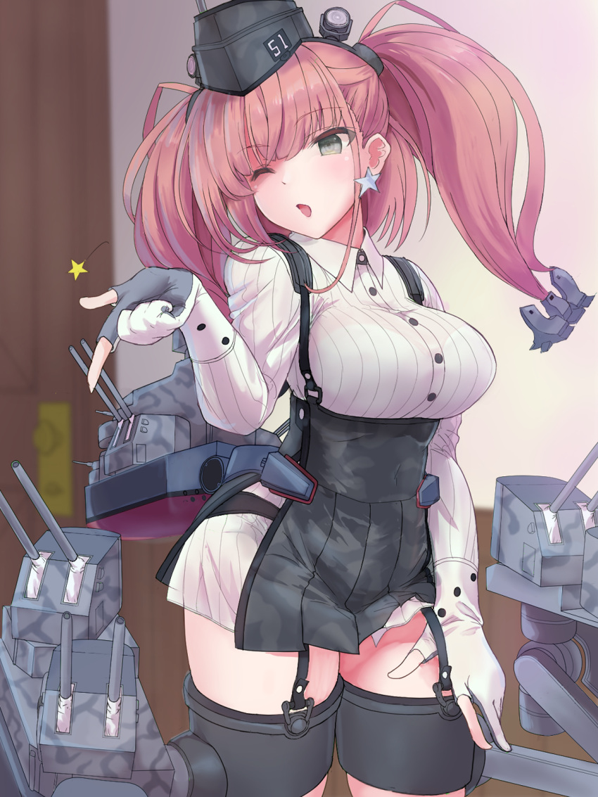 1girl adapted_turret atlanta_(kancolle) black_hat black_skirt blowing_kiss blush bra_visible_through_clothes breasts brown_hair cannon dress_shirt earrings em_s garrison_cap gloves grey_eyes hair_ornament hat high-waist_skirt highres indoors jewelry kantai_collection large_breasts long_hair long_sleeves machinery rigging shirt single_earring skirt smokestack solo star_(symbol) star_earrings suspender_skirt suspenders turret two_side_up white_shirt