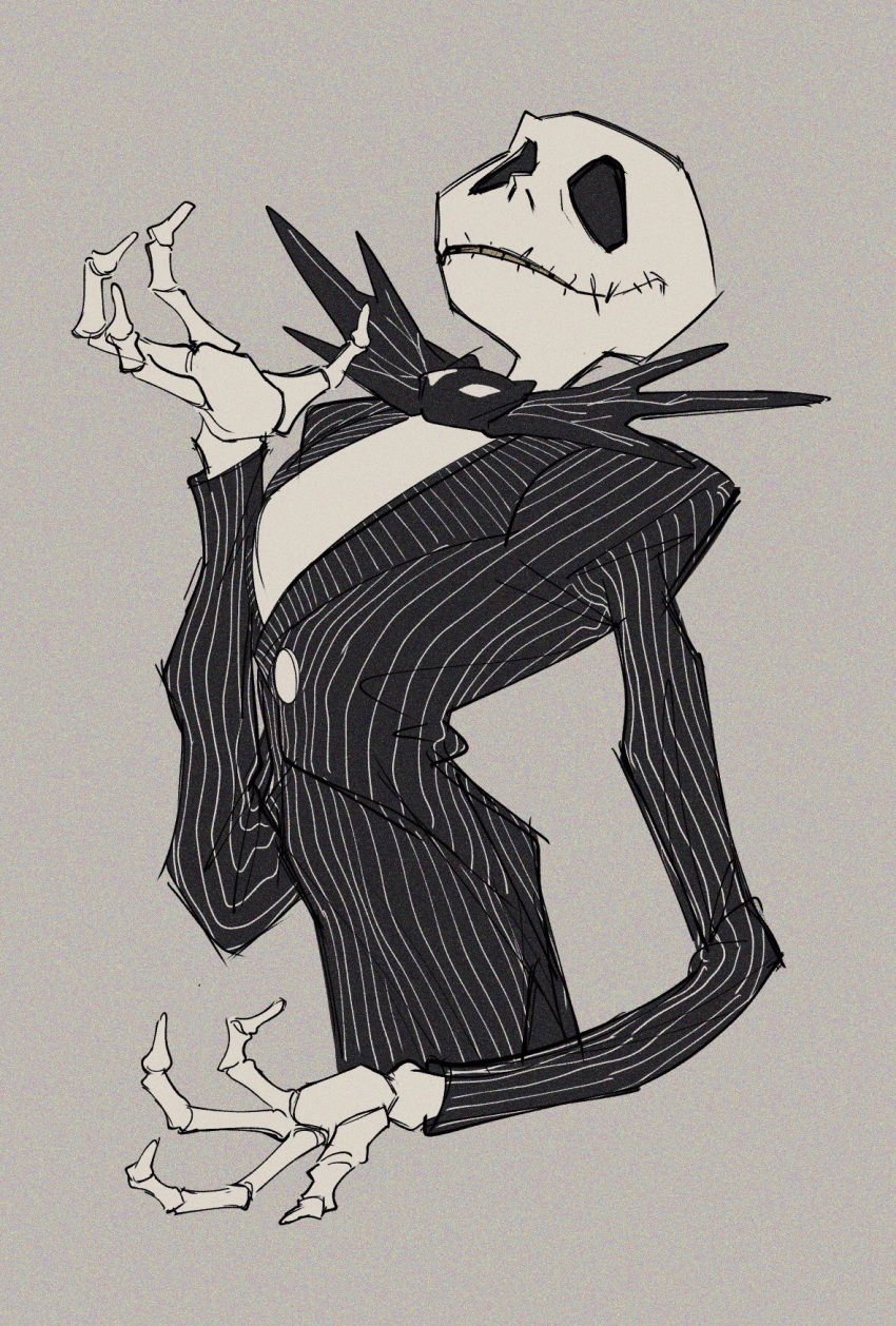1boy black_bow black_bowtie black_jacket bow bowtie cropped_torso grey_background high_collar highres jack_skellington jacket long_arms long_sleeves male_focus monochrome parted_lips pinstripe_pattern shirt skeleton solo striped_clothes striped_jacket the_nightmare_before_christmas uochandayo white_shirt
