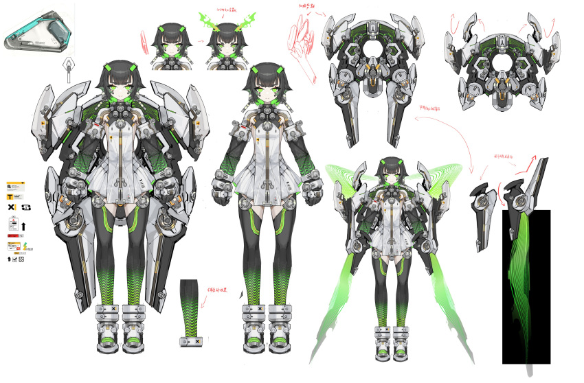 1girl absurdres arms_at_sides black_hair colored_inner_hair donxxxs facial_mark full_body green_eyes green_hair highres mecha_musume multicolored_hair original reference_sheet short_hair standing straight-on thigh-highs two-tone_hair very_short_hair white_background