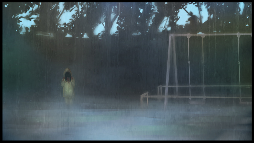 1other black_border black_hair blue_sky border commentary_request day facing_viewer hands_up highres hood hood_up hooded_jacket horror_(theme) jacket kuro_kosyou long_hair original outdoors pants railing rain sky solo standing swing swing_set tree wide_shot yellow_jacket yellow_pants