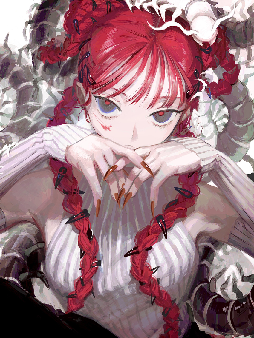 1girl absurdres bare_shoulders blue_eyes breasts bug centipede commentary detached_sleeves dress fingernails hair_ornament hairclip highres long_fingernails long_hair lowe_410 nail_polish original red_nails red_pupils redhead sharp_fingernails small_breasts solo twintails upper_body white_dress
