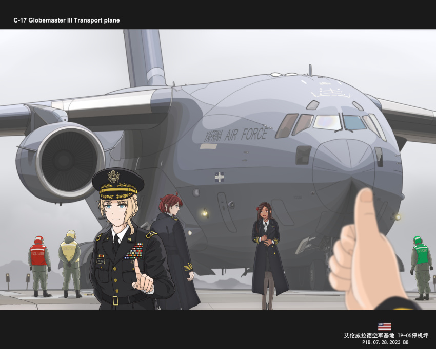 2661789381 3girls 3others blonde_hair blue_eyes boeing_c-17 breast_pocket brown_hair buttons cargo_aircraft coat hat helmet highres index_finger_raised military_uniform multiple_girls multiple_others peaked_cap pocket redhead service_ribbon thumbs_up uniform vest warship_girls_r