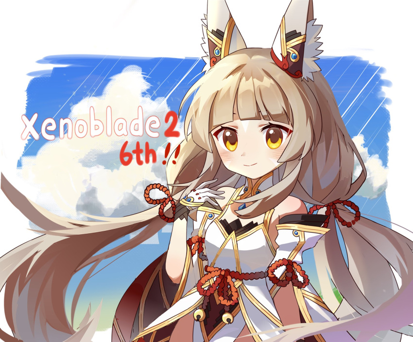 1girl animal_ear_fluff animal_ears anniversary arched_bangs blue_sky border cat_ears cat_girl closed_mouth clouds commentary_request copyright_name gloves grey_hair highres long_hair luliko253 nia_(blade)_(xenoblade) nia_(xenoblade) outside_border sky smile solo standing upper_body white_border white_gloves xenoblade_chronicles_(series) xenoblade_chronicles_2 yellow_eyes