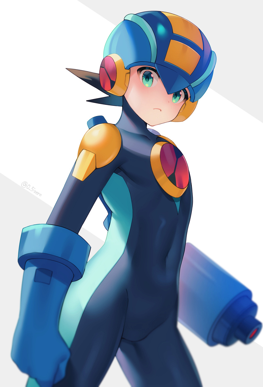 1boy arm_cannon blue_bodysuit blue_helmet blurry blurry_background blurry_foreground bodysuit brown_hair clenched_hand covered_navel cowboy_shot green_hair helmet highres looking_at_viewer mega_man_(series) mega_man_battle_network_(series) megaman.exe short_hair simple_background solo spiky_hair weapon white_background zero-go