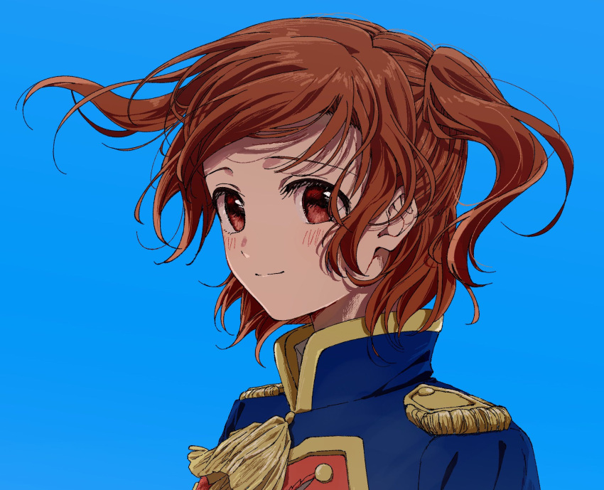 1girl aijou_karen arms_at_sides blue_background blue_jacket blush brown_eyes brown_hair closed_mouth denim epaulettes floating_hair from_side gradient_background highres jacket light_smile looking_at_viewer looking_to_the_side multicolored_clothes multicolored_jacket nori_(cheiwbciwkxbdjr) red_jacket shoujo_kageki_revue_starlight solo swept_bangs tassel torn_clothes torn_jacket two_side_up upper_body