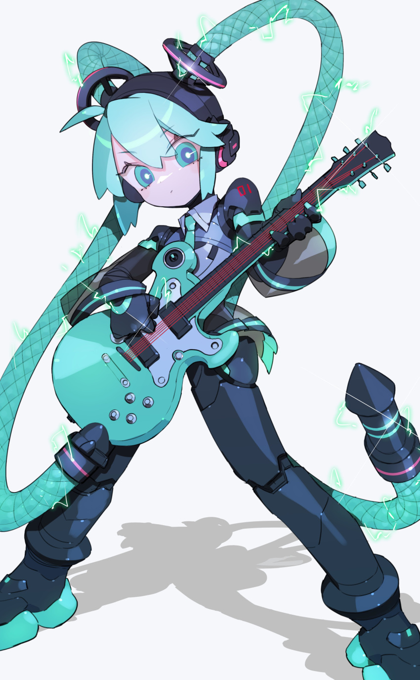 absurdres aqua_eyes aqua_hair aqua_necktie bright_pupils cable_hair cheri_zao electric_guitar electricity full_body guitar hatsune_miku highres holding holding_guitar holding_instrument instrument long_hair necktie number_tattoo proto_miku_(cheri_zao) robot_girl see-through see-through_skirt see-through_sleeves shadow shoulder_tattoo simple_background skirt standing tattoo twintails very_long_hair vocaloid white_background white_pupils