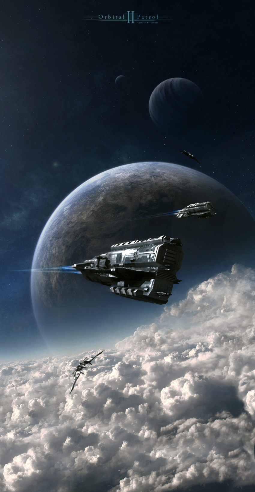 3d absurdres artist_name autodesk_3ds_max_(medium) battleship_(eve_online) caldari_state_(eve_online) camille-besneville clouds commentary eve_online fleet flying highres light_fighter_(eve_online) military_vehicle nebula night night_sky no_humans photoshop_(medium) planet realistic rokh_(eve_online) scenery science_fiction sky spacecraft star_(sky) starfighter starry_sky