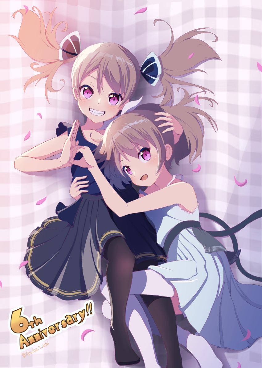 2girls :d absurdres anniversary arm_around_waist bare_arms black_ribbon black_skirt black_thighhighs blue_shirt blush brown_hair commentary_request eyebrows_hidden_by_hair foot_out_of_frame grin hair_between_eyes hair_ribbon hair_spread_out hand_up happy headpat highres hug knees_together_feet_apart looking_at_viewer lying medium_hair multiple_girls no_shoes on_back on_side open_mouth petals pink_eyes pleated_skirt raramagi ribbon shirt siblings sisters skirt sleeveless sleeveless_shirt smile thigh-highs twins twintails twitter_username uzuki_manaka uzuki_sachi white_ribbon white_shirt white_skirt white_thighhighs yasuba_yuichi