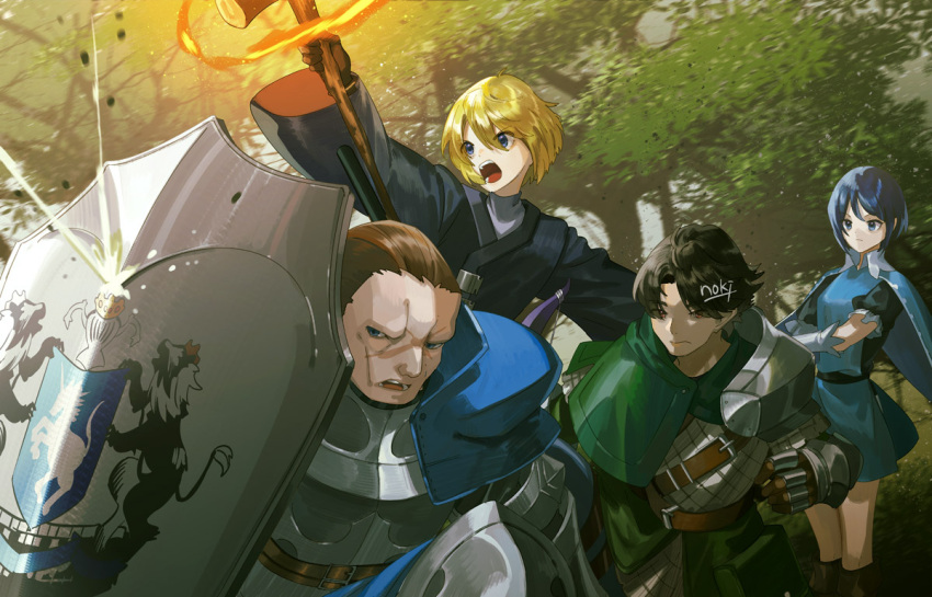 1girl 3boys arm_up armor artist_name battle black_hair blonde_hair blue_capelet blue_dress blue_eyes blue_hair boots brown_eyes brown_hair capelet character_request cloak dress fantasy fighting_stance green_cloak hair_slicked_back holding holding_shield holding_staff knee_boots looking_ahead magic multiple_boys noki_(affabile) on_grass open_mouth outdoors pauldrons scar scar_on_face shield short_hair shoulder_armor signature staff standing tree tunic unicorn_overlord wide_sleeves