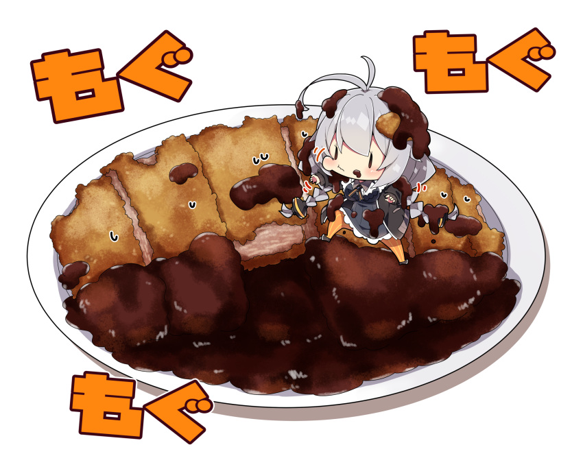1girl antenna_hair black_dress black_jacket blush braid breasts brown_eyes closed_mouth content_rating dress eating food food_on_face full_body grey_hair highres jacket kizuna_akari large_breasts long_hair long_sleeves milkpanda motion_lines open_clothes open_jacket orange_thighhighs shirt simple_background solo striped_clothes striped_thighhighs thigh-highs tonkatsu twin_braids vertical-striped_clothes vertical-striped_thighhighs voiceroid white_background white_shirt