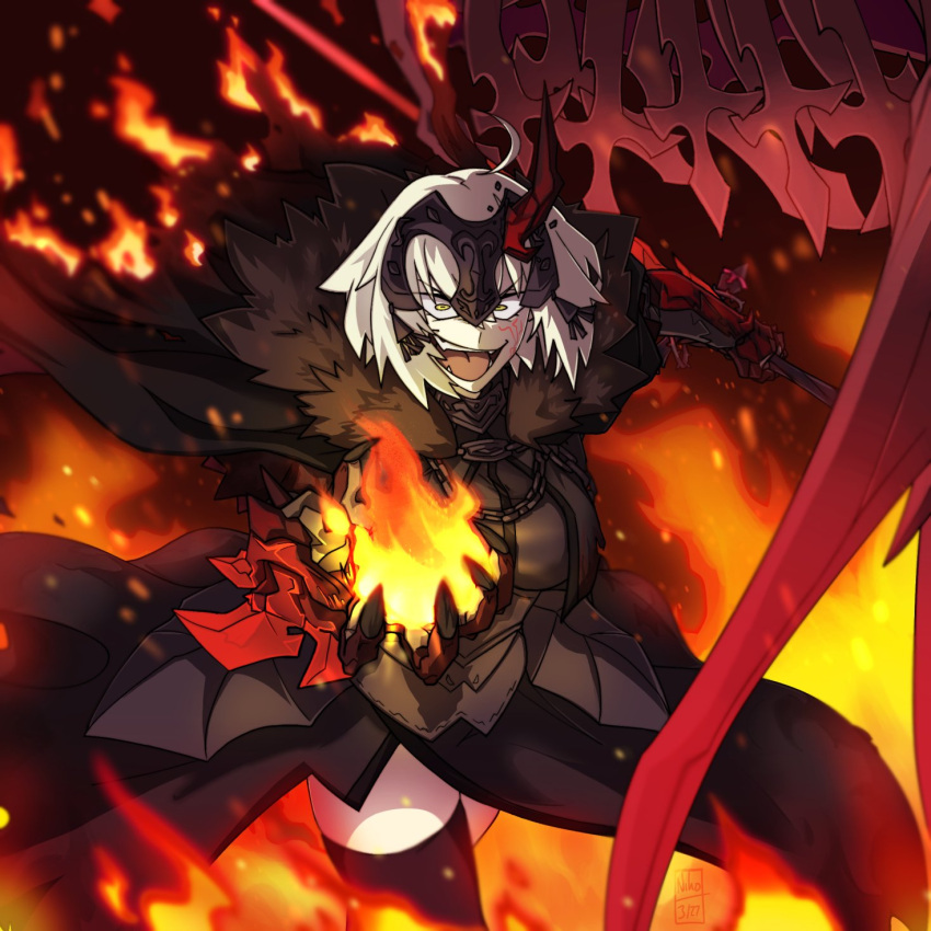 1girl ahoge armor armored_collar armored_corset cape chain crazy_eyes fate/grand_order fate_(series) fire fur_trim gorget headpiece highres jeanne_d'arc_alter_(fate) kamuify medium_hair outstretched_arm pale_skin skindentation solo standard_bearer sword thigh-highs weapon zettai_ryouiki