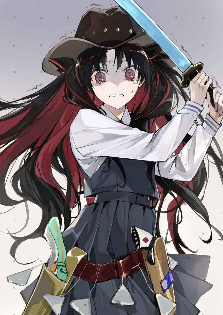 1girl @_@ black_hair collared_shirt cowboy_hat fate/grand_order fate_(series) gun hat highres holding holding_weapon holster ishtar_(fate) katana kino_kokko long_hair long_sleeves looking_at_viewer multicolored_hair official_alternate_costume parted_bangs red_eyes redhead ribbon shirt solo space_ishtar_(fate) sweat sword tearing_up trembling two-tone_hair two_side_up weapon white_shirt