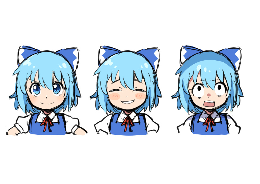 1girl absurdres anya's_heh_face_(meme) black_eyes blue_bow blue_dress blue_eyes blue_hair blush blush_stickers bow bowtie cirno closed_mouth collared_shirt dress expressions hair_between_eyes hands_on_own_hips highres looking_to_the_side looking_up meme miz_(mizillustration) multiple_views one-hour_drawing_challenge parody parororo puffy_short_sleeves puffy_sleeves red_bow red_bowtie shirt short_hair short_sleeves simple_background sketch smile smug spy_x_family surprised teeth touhou upper_body v-shaped_eyebrows white_background