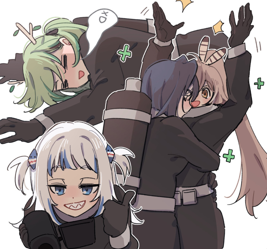 &gt;_&lt; 4girls :d =_= ahoge antlers arms_up black_gloves black_jumpsuit blue_eyes blue_hair brmameng brown_eyes brown_hair camera ceres_fauna content_warning feather_hair_ornament feathers gawr_gura gloves green_hair hair_intakes hair_ornament highres holding holding_camera horns hug jumpsuit long_hair looking_at_another multicolored_hair multiple_girls nanashi_mumei on_ground ouro_kronii oxygen_tank plus_sign ponytail pouch shark_hair_ornament sharp_teeth smile sparkle streaked_hair teeth thumbs_up tree_horns two_side_up very_long_hair white_hair xd