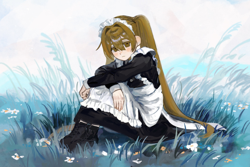 1girl :3 apron black_dress black_footwear blonde_hair boots closed_mouth day dress flower full_body grass hair_between_eyes highres hugging_own_knees inu_dakisime knees_to_chest knees_up leaning_forward legs_together long_dress long_hair long_sleeves looking_at_viewer maid maid_headdress original outdoors sidelocks sitting smile solo twintails very_long_hair white_apron white_flower yellow_eyes