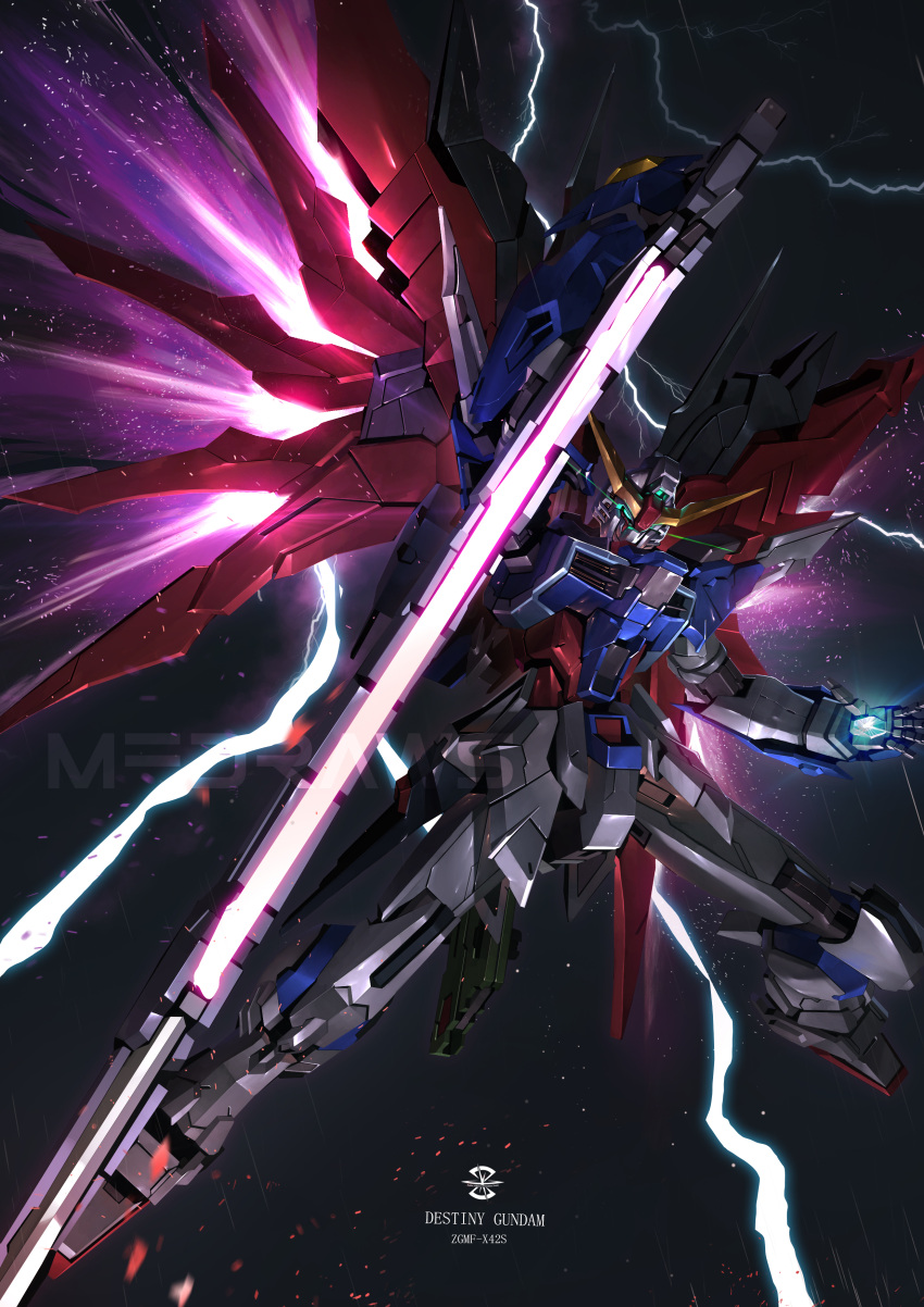 absurdres brayanong999 character_name commentary destiny_gundam energy_sword eye_trail full_body glowing glowing_eyes glowing_hand green_eyes gundam gundam_seed gundam_seed_destiny highres holding holding_sword holding_weapon legs_apart light_particles light_trail lightning looking_at_viewer mecha mecha_focus mechanical_wings mobile_suit no_humans open_hand robot science_fiction solo sword v-fin weapon wings
