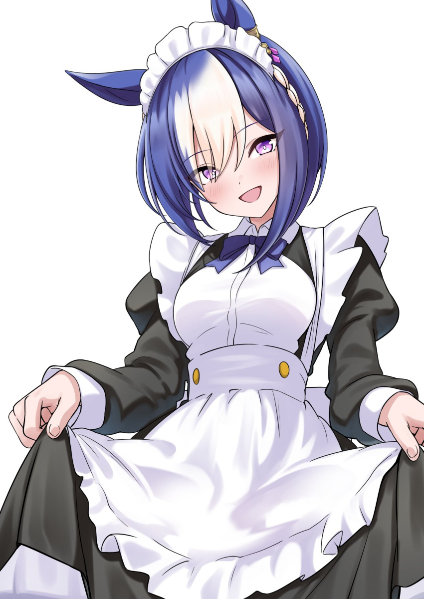 1girl :d alternate_costume animal_ears apron black_dress blue_hair braid cesario_(umamusume) clothes_lift commentary crown_braid dress dress_lift enmaided frilled_apron frills hair_between_eyes herohero_(higashi_no_dou) highres horse_ears horse_girl juliet_sleeves lifted_by_self long_sleeves looking_at_viewer maid maid_apron maid_headdress multicolored_hair puffy_sleeves short_hair simple_background smile solo two-tone_hair umamusume violet_eyes waist_apron white_apron white_background white_hair