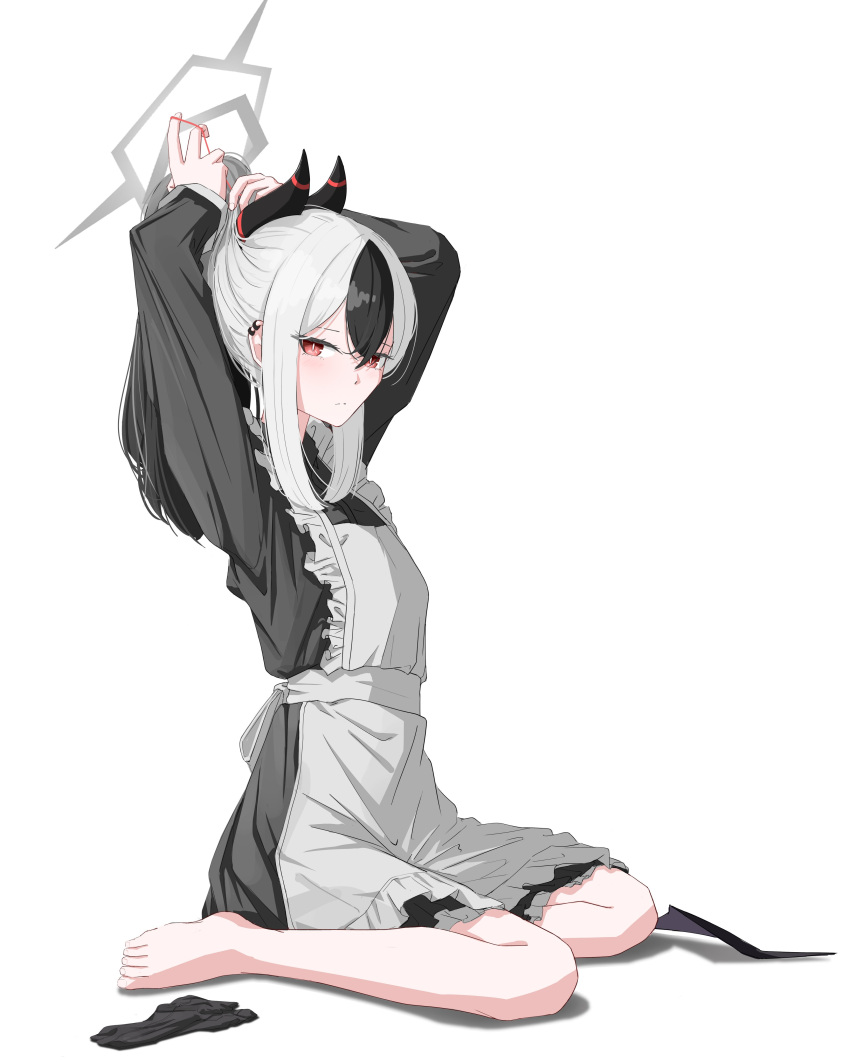 1girl absurdres apron black_dress black_hair black_horns blue_archive blush breasts crossed_bangs demon_horns demon_wings dress ear_piercing earclip frilled_apron frills grey_halo hair_between_eyes halo hands_up highres hit_by_hit horns kayoko_(blue_archive) long_hair long_sleeves looking_at_viewer multicolored_hair on_floor piercing ponytail red_eyes simple_background single_wing sitting small_breasts solo two-tone_hair tying_hair wariza white_apron white_background white_hair wings