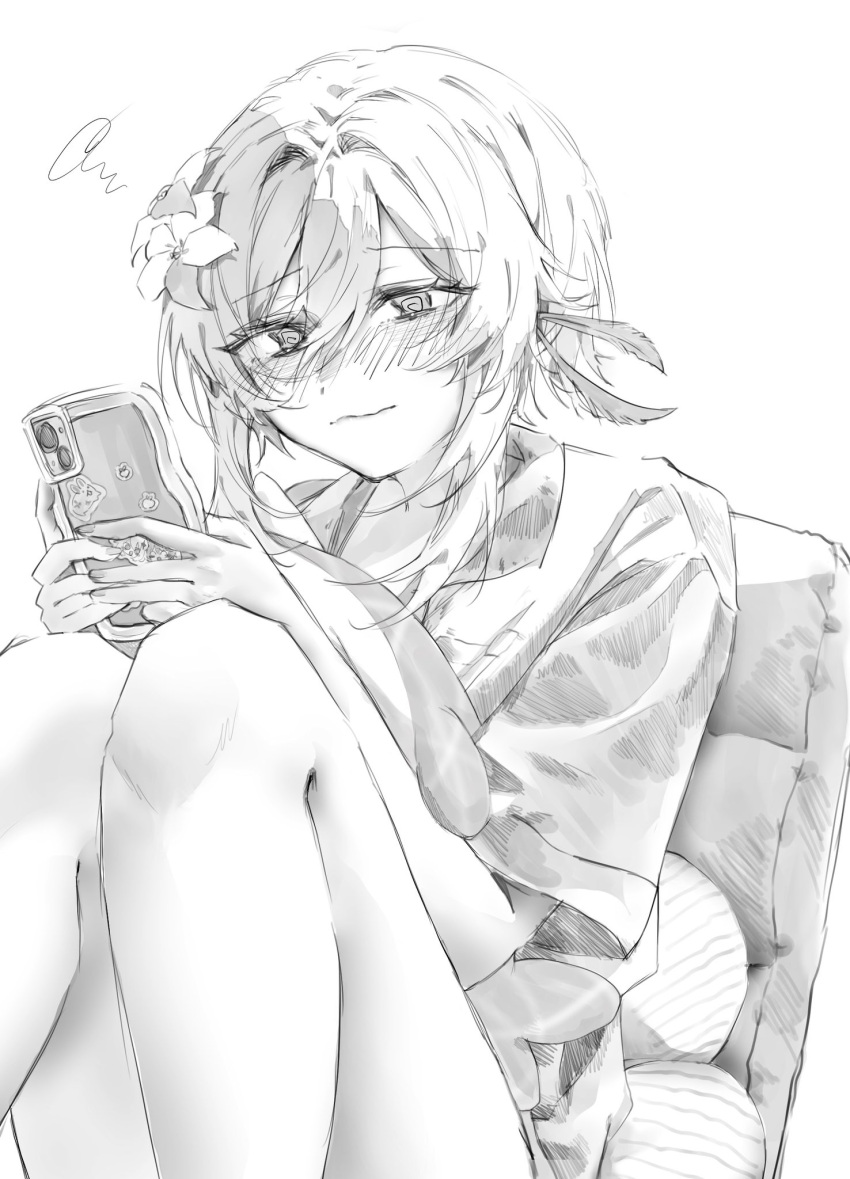 1girl @_@ blush cellphone closed_mouth collared_shirt commentary flower genshin_impact greyscale hair_between_eyes hair_flower hair_ornament hatching_(texture) highres holding holding_phone looking_at_phone lumine_(genshin_impact) monochrome phone raloloit shirt short_hair short_hair_with_long_locks sidelocks sitting sketch solo symbol-only_commentary white_background