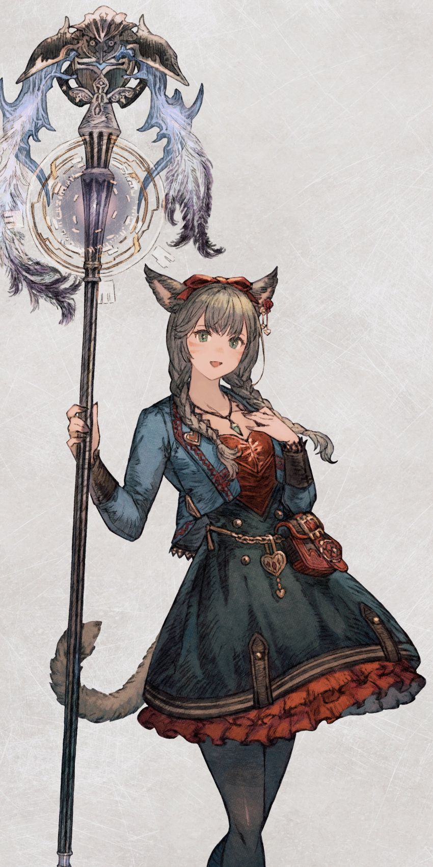 1girl absurdres animal_ears black_nails black_pantyhose blue_dress blue_jacket bow braid cat_ears cat_girl cat_tail commentary cropped_jacket dress earrings facial_mark feet_out_of_frame final_fantasy final_fantasy_xiv frilled_dress frills green_eyes grey_background grey_hair hair_bow hand_on_own_chest hatching_(texture) highres holding holding_staff jacket jewelry layered_dress long_sleeves looking_at_viewer maeka_(kumaekake) medium_hair miqo'te open_clothes open_jacket open_mouth pantyhose pendant pouch simple_background single_earring slit_pupils smile solo staff standing tail twin_braids warrior_of_light_(ff14) white_mage_(final_fantasy)