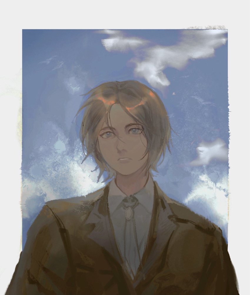 1boy blue_eyes blue_sky border brown_hair brown_jacket chinese_commentary clouds collared_shirt commentary_request eren_yeager expressionless highres jacket looking_up male_focus necktie outdoors outside_border parted_lips ramiica shingeki_no_kyojin shirt short_hair sky solo upper_body white_border white_necktie white_shirt