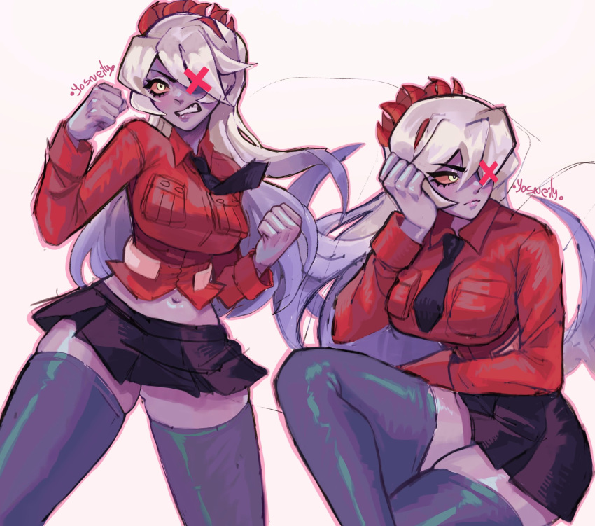 1girl breasts cosplay extra_mouth fukua_(skullgirls) hazbin_hotel highres large_breasts living_hair long_hair mooo_sann necktie prehensile_hair red_eyes school_uniform selfcest skirt skullgirls solo thigh-highs vaggie vaggie_(cosplay) vignetting white_hair yellow_pupils