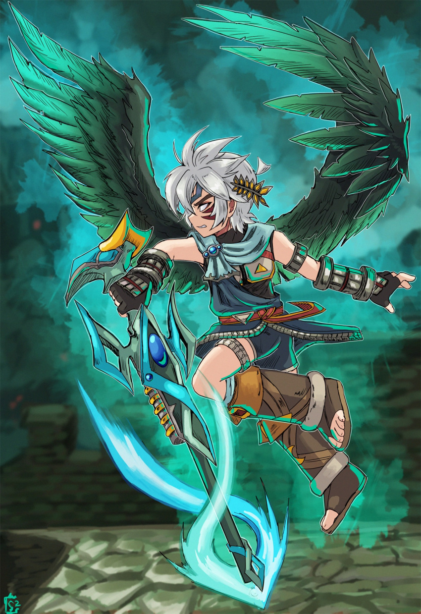 alternate_color alternate_costume alternate_eye_color alternate_hair_color alternate_weapon armor aura belt black_tunic black_wings blue_gemstone breastplate clenched_teeth corruption crescent crossover dark_persona dark_pit feathered_wings fierce_deity fingerless_gloves floating flying gem gloves glowing glowing_weapon highres holding holding_staff kid_icarus kid_icarus_uprising looking_to_the_side nintendo no_pupils possessed sandals short_hair shorts staff stoic_seraphim super_smash_bros. teeth the_legend_of_zelda the_legend_of_zelda:_majora's_mask toeless_footwear triangle tunic weapon white_eyes white_hair wings wrist_guards