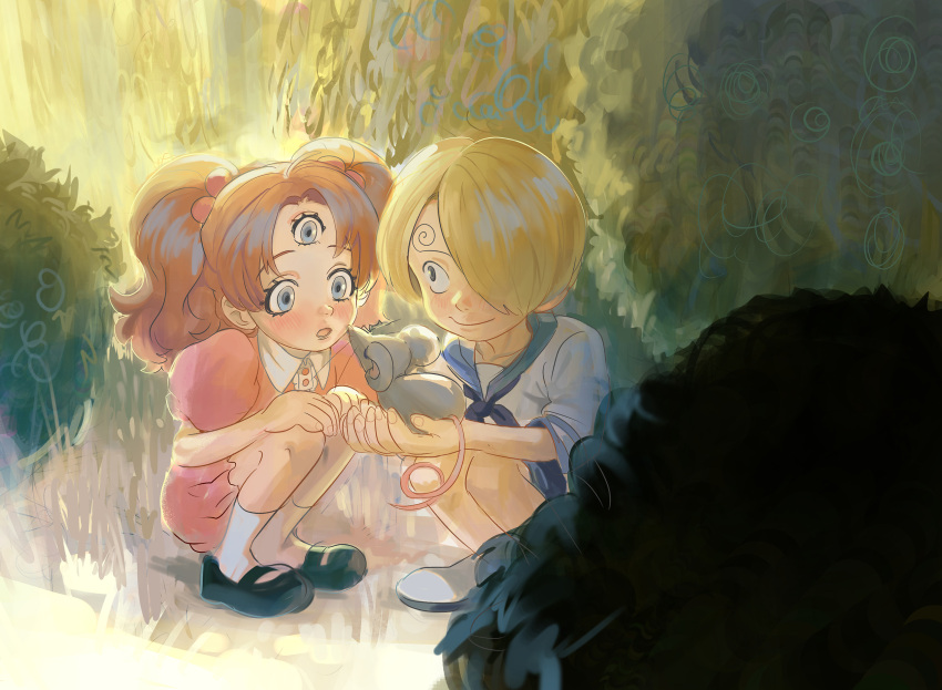 1boy 1girl aged_down animal blonde_hair blue_eyes blush brown_hair charlotte_pudding closed_mouth curly_eyebrows dress hair_ornament highres holding holding_animal long_hair looking_at_animal looking_at_another mouse_(animal) one_piece open_mouth outdoors pink_dress plant puffy_sleeves rita_ya sailor_collar sanji_(one_piece) shirt shoes short_hair smile socks squatting third_eye twintails white_shirt white_socks
