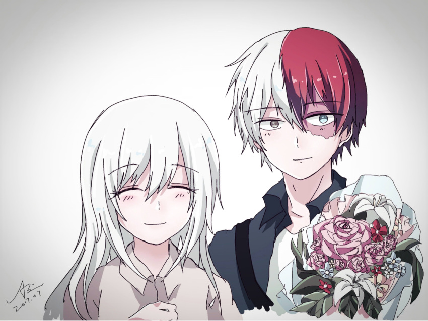 1boy 1girl azure-aoi- blue_eyes blue_flower blush boku_no_hero_academia bouquet burn_scar closed_eyes closed_mouth commentary_request dated flower heterochromia highres holding holding_bouquet long_hair mother_and_son multicolored_hair pink_flower red_eyes red_flower redhead scar scar_on_face short_hair sign split-color_hair todoroki_rei todoroki_shouto two-tone_hair white_background white_hair yellow_flower