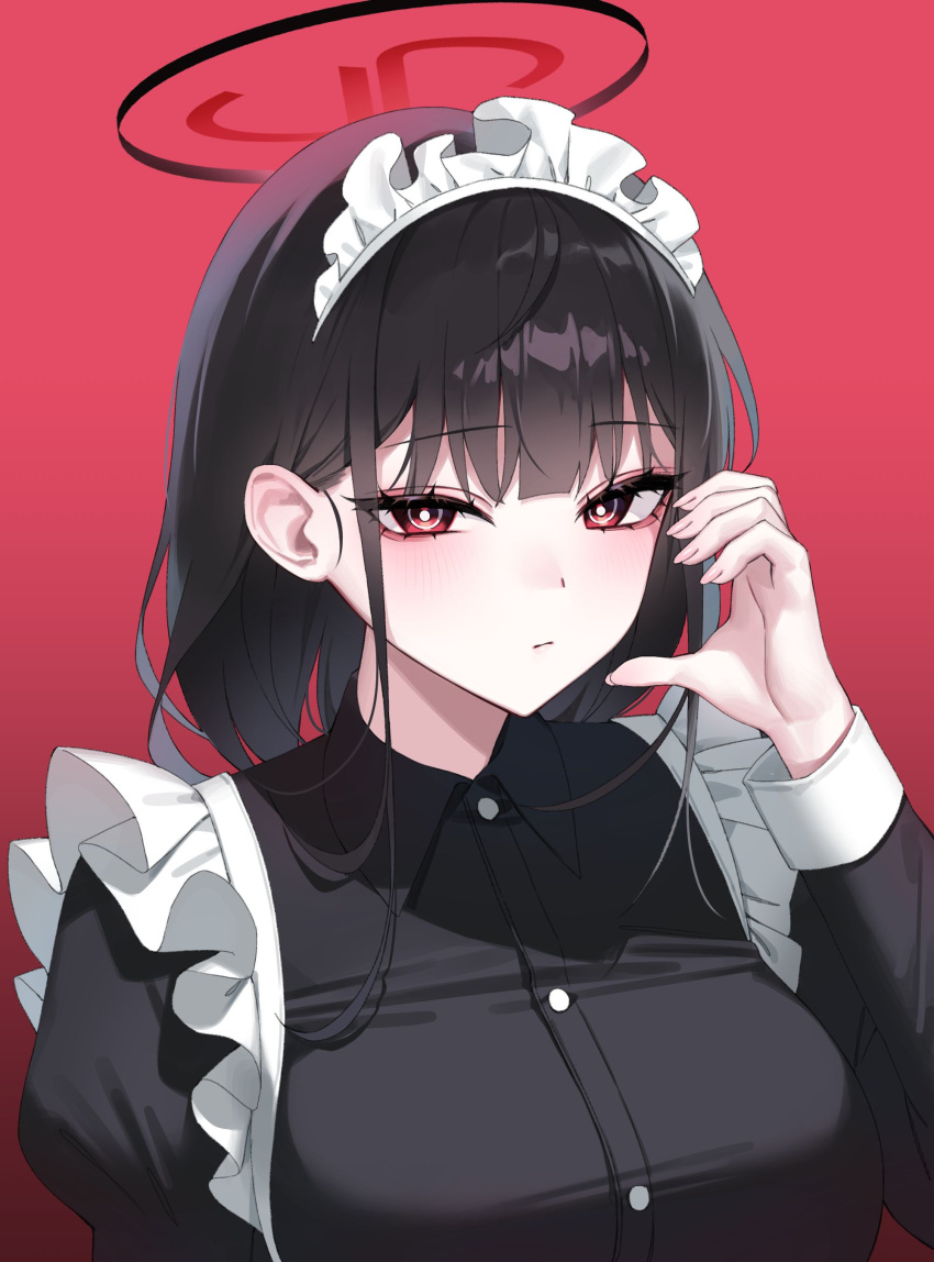 1girl absurdres alternate_costume apron black_dress black_hair blue_archive blush breasts bright_pupils dress enmaided fingernails half-heart_hands halo highres large_breasts looking_at_viewer maid maid_headdress raki_kr red_background red_eyes ringed_eyes rio_(blue_archive) simple_background solo upper_body white_apron white_pupils