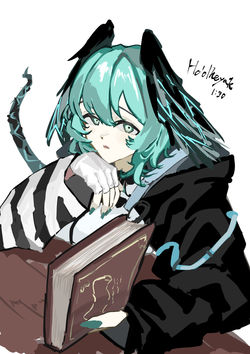 1girl :o absurdres aqua_eyes aqua_hair aqua_nails aqua_wings arknights black_coat book breasts coat dress feathered_wings fingerless_gloves gloves hair_between_eyes head_wings highres ho'olheyak_(arknights) holding holding_book looking_at_viewer maf_clothes medium_hair nail_polish parted_lips pencil_dress sidelocks simple_background snake_tail solo tail upper_body white_background white_gloves wings