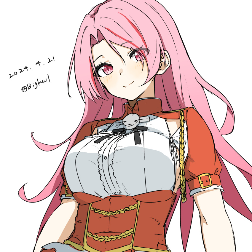 1girl absurdres bigkwl breasts dated highres kantai_collection large_breasts long_hair looking_at_viewer luigi_di_savoia_duca_degli_abruzzi_(kancolle) military_uniform multicolored_hair one-hour_drawing_challenge pink_hair red_eyes red_shirt redhead shirt simple_background smile solo streaked_hair twitter_username uniform white_background