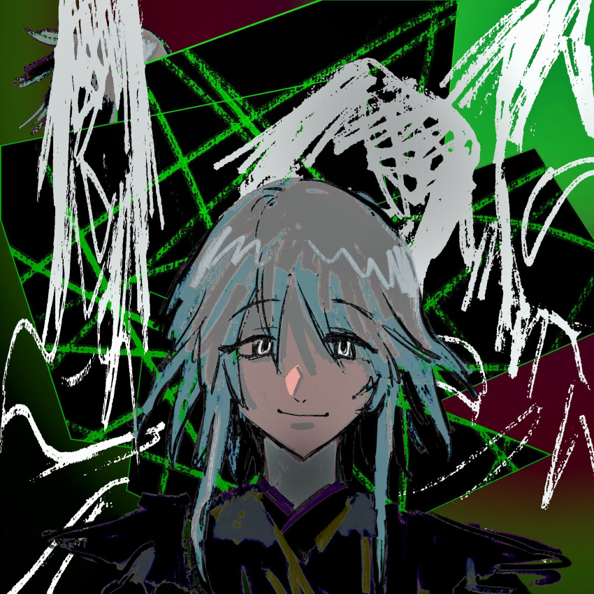 1other abstract_background androgynous black_coat black_shirt chinese_commentary closed_mouth coat collared_coat commentary_request grey_hair highres houlen_yabusame len'en looking_at_viewer multicolored_background mxx33 other_focus shirt short_hair_with_long_locks smile solo straight-on upper_body white_eyes