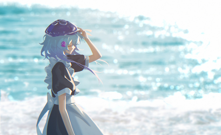 1boy apron arknights arm_up beret black_dress blue_hair blue_hat blurry blurry_background closed_eyes closed_mouth commentary_request crossdressing depth_of_field dress frilled_apron frills hat highres long_hair maid maid_headdress male_focus male_maid mizuki_(arknights) profile puffy_short_sleeves puffy_sleeves short_sleeves sin. solo water white_apron