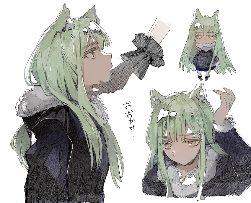 2girls animal_ear_fluff animal_ears bang_dream! bang_dream!_it's_mygo!!!!! black_coat black_gloves cat_ears coat commentary fur-trimmed_coat fur_trim gloves green_hair hashtag-only_commentary highres kemonomimi_mode long_hair long_sleeves multiple_girls multiple_views reiboubyou simple_background solo_focus togawa_sakiko translation_request wakaba_mutsumi white_background yellow_eyes