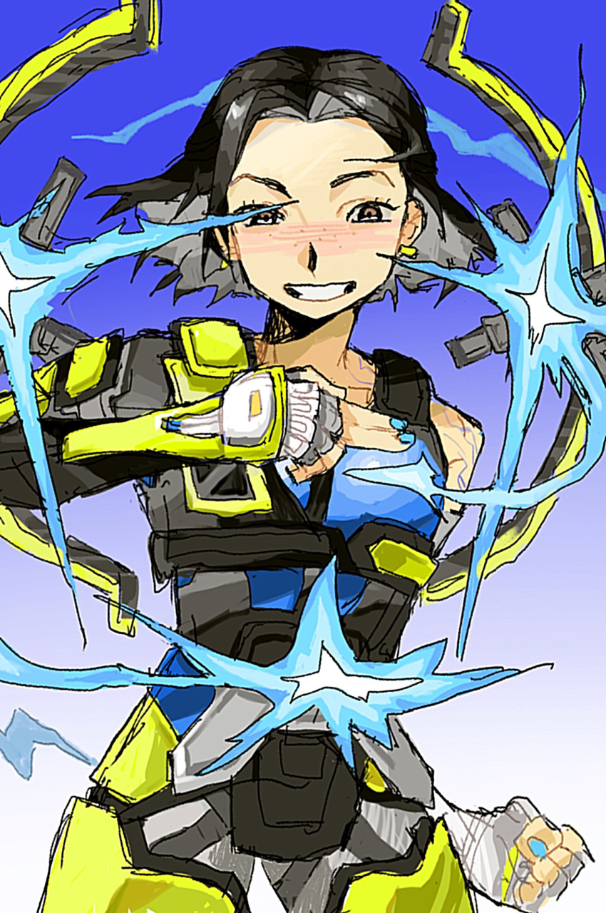 1girl animification apex_legends black_hair blue_nails blue_tank_top blush brown_eyes chinese_commentary clenched_hand collarbone conduit_(apex_legends) cowboy earrings electricity finger_gun fingerless_gloves floating_hair freckles gloves grey_gloves grey_pants highres jewelry looking_at_viewer pants parted_lips short_hair smile solo tank_top zhi_shi_shenme_jiahuo