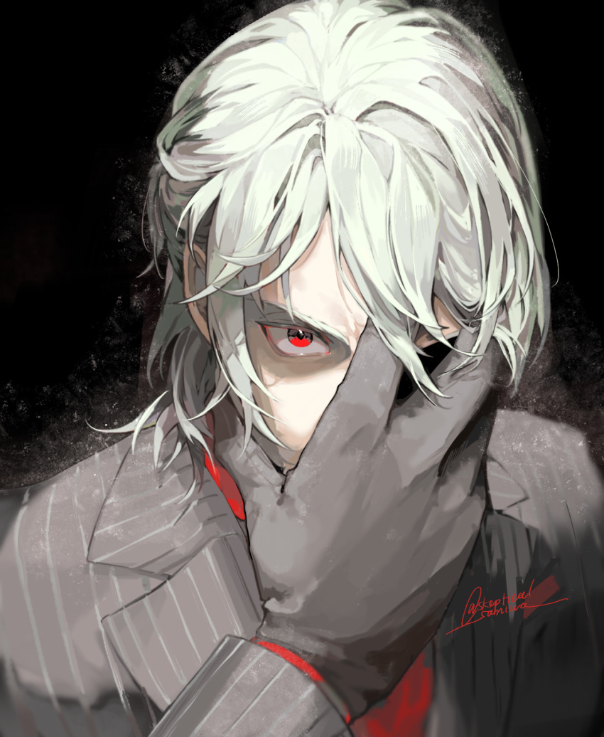1boy antonio_salieri_(fate) antonio_salieri_(second_ascension)_(fate) ascot black_gloves black_suit fate/grand_order fate_(series) formal gloves grey_hair highres jacket long_sleeves male_focus pinstripe_pattern pinstripe_suit red_ascot red_eyes shirt short_hair solo striped_suit suit user_chdp4255 white_hair