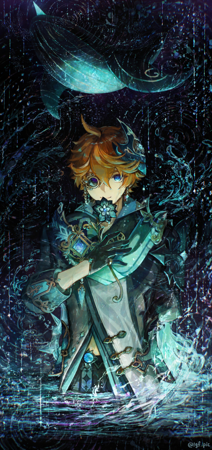 1boy absurdres black_flower black_gloves blue_eyes blue_mask closed_mouth earrings flower genshin_impact gloves hair_between_eyes highres jacket jewelry looking_at_viewer male_focus mask mask_on_head monocle orange_hair pants partially_submerged ripples scarf single_earring solo tartaglia_(genshin_impact) tgf_pic twitter_username vision_(genshin_impact) water wet wet_hair