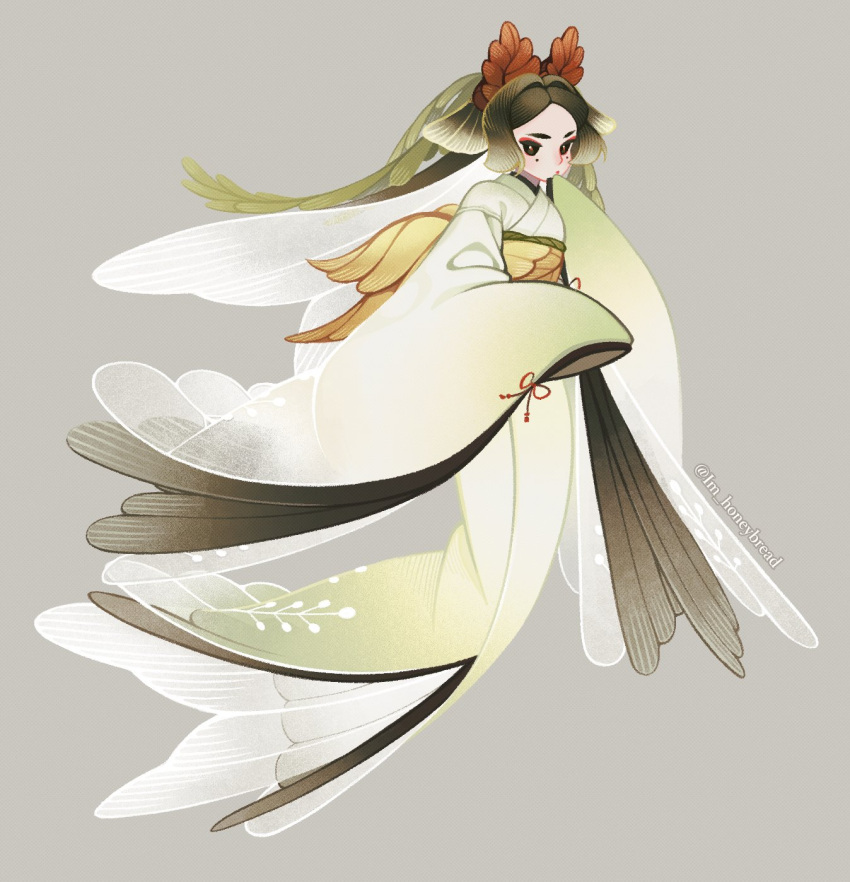 1girl black_hair brown_hair eyeshadow feather_hair full_body green_hair grey_background hair_ornament hand_up head_wings highres im_honeybread japanese_clothes kimono korean_commentary looking_at_viewer makeup mermaid mole mole_under_each_eye mole_under_eye monster_girl multiple_moles obi original parted_bangs ponytail sash see-through sidelocks simple_background sleeves_past_fingers sleeves_past_wrists solo twitter_username white_kimono winged_arms wings