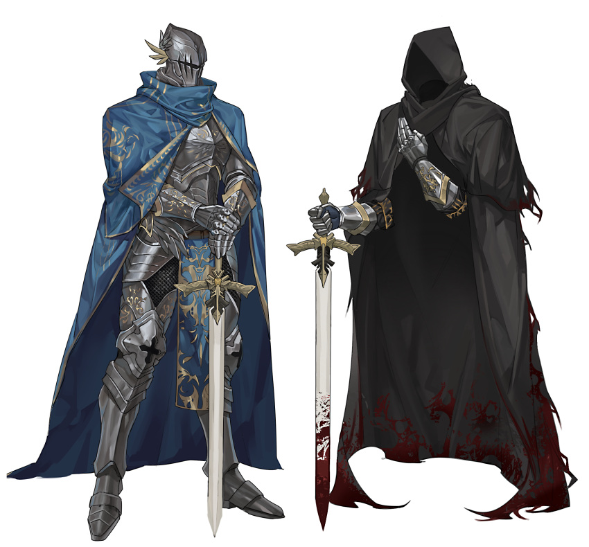 1boy a_knight_(reverse:1999) absurdres alternate_costume amykem armor black_cape blood blood_on_clothes blood_on_weapon blue_cape breastplate cape dual_persona full_armor full_body gauntlets greaves hand_on_hilt hands_on_hilt helm helmet highres holding holding_sword holding_weapon hood hood_up hooded_cape invisible knight legs_apart multiple_views planted planted_sword plate_armor reverse:1999 sabaton standing sword weapon white_background