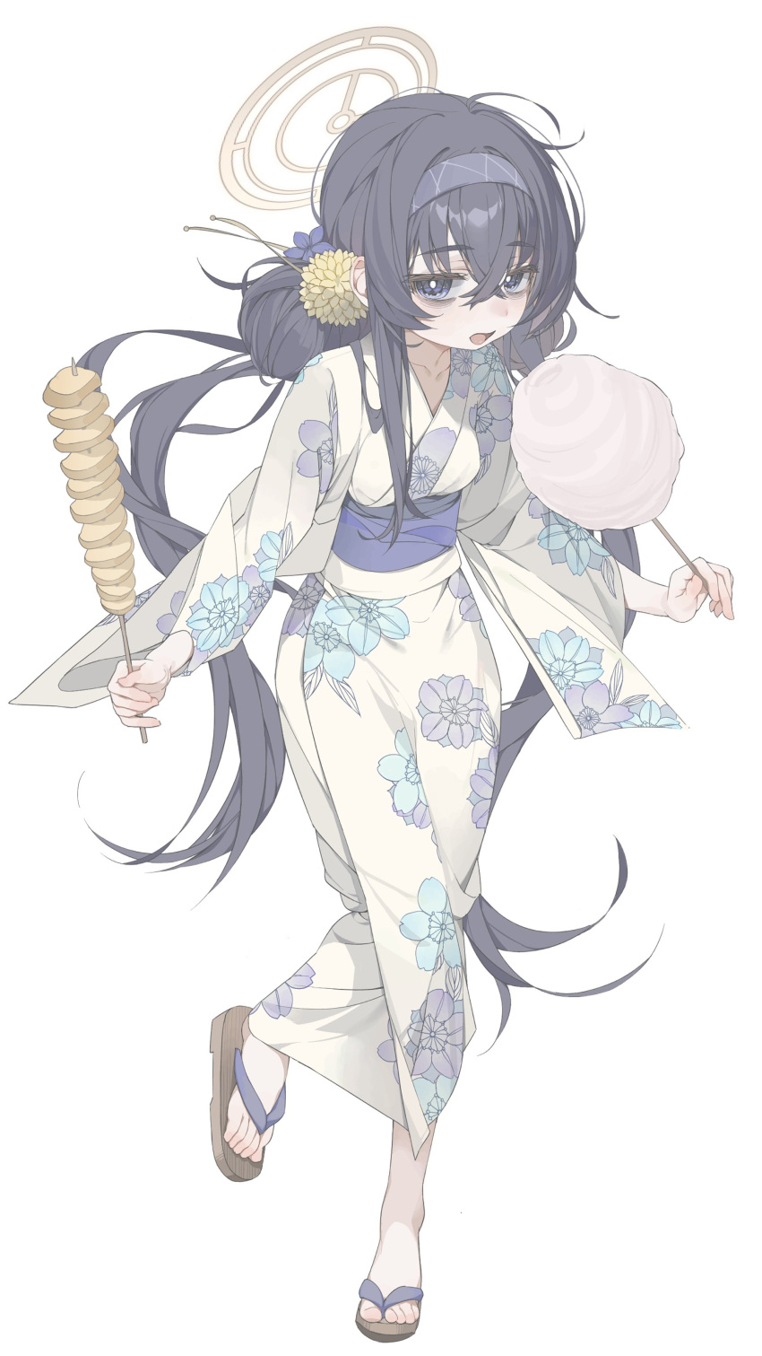 1girl absurdres alternate_costume bags_under_eyes black_hair blue_archive cotton_candy floral_print food full_body hair_between_eyes hairband halo highres holding holding_food japanese_clothes kimono long_hair looking_at_viewer obi open_mouth print_kimono purple_hairband sandals sash simple_background solo toes ui_(blue_archive) violet_eyes white_background white_kimono yellow_halo yoru_uyo zouri