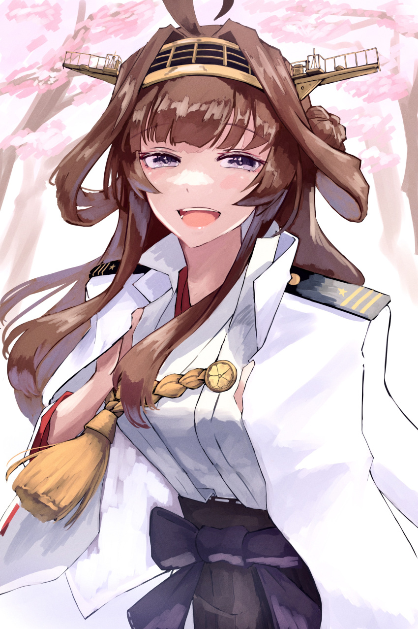 1girl absurdres ahoge black_skirt brown_hair commentary_request double_bun gold_hairband hair_bun hairband headgear highres jacket jacket_on_shoulders japanese_clothes kantai_collection kongou_(kancolle) kongou_kai_ni_(kancolle) military_jacket nontraditional_miko open_mouth panda_(heart_sink) popped_collar skirt smile solo tree upper_body violet_eyes