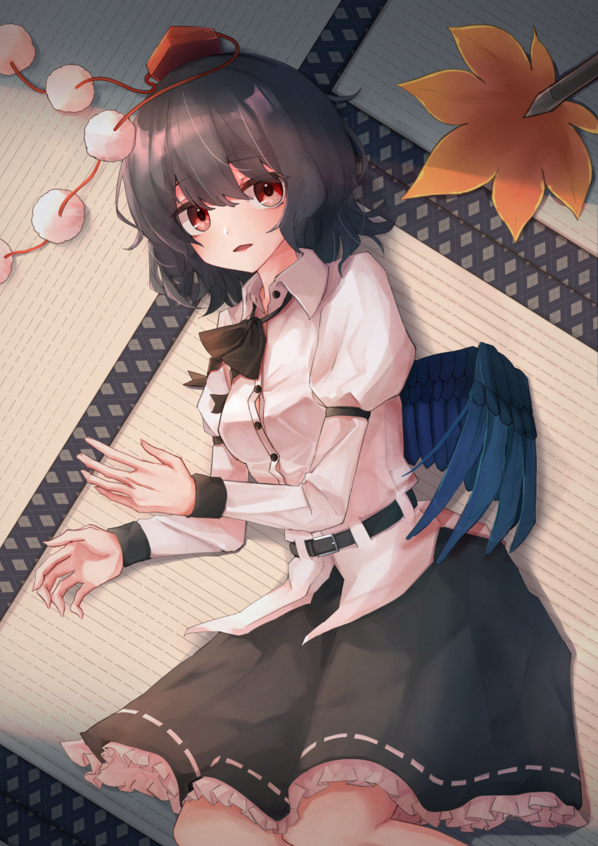 1girl ascot belt bird_wings black_ascot black_belt black_hair black_skirt black_wings collared_shirt feathered_wings frilled_sleeves frills hat hauchiwa highres juliet_sleeves long_sleeves on_floor parted_lips pom_pom_(clothes) puffy_sleeves red_eyes shameimaru_aya shirt short_hair skirt taguno tokin_hat touhou white_shirt wings