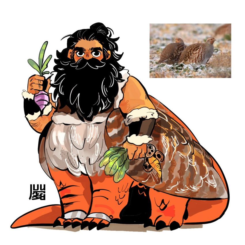 1boy beard beard_over_mouth bird_wings black_eyes black_hair brown_wings bxnke carrot centauroid chimera claws dragon_tail dungeon_meshi english_commentary facial_hair feathered_wings food full_body hand_up highres holding holding_food holding_vegetable long_beard long_hair looking_at_viewer male_focus mandrake_(dungeon_meshi) monster_boy ponytail reference_inset senshi_(dungeon_meshi) simple_background solo standing tail taur thick_eyebrows turnip vegetable white_background wings