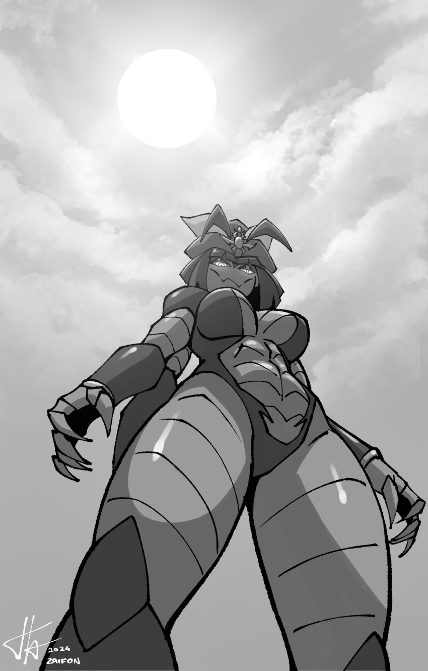 1girl @_@ antenna_hair arthropod_girl arthropod_limbs artist_name borrowed_character breasts claws clouds cloudy_sky dated exoskeleton extra_arms from_below glowing glowing_eyes greyscale highres insect_queen_(mechapen) medium_breasts monochrome original short_hair signature sky solo sun za1f0n
