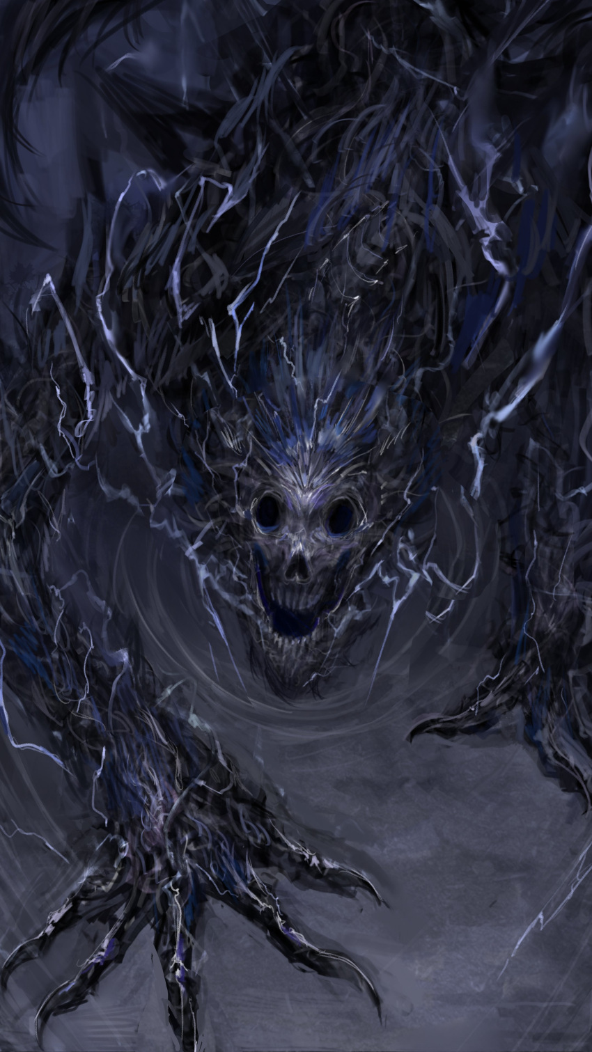 absurdres bloodborne claws commentary darkbeast_paarl electricity facing_viewer highres horror_(theme) monster nameno92372763 no_humans open_mouth solo