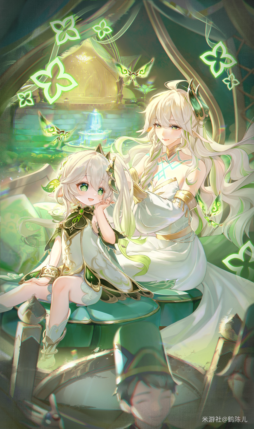 2girls :d absurdres ahoge bare_shoulders bloomers body_markings bracelet braid chinese_commentary commentary_request crystalfly_(genshin_impact) detached_sleeves dress foot_out_of_frame gem genshin_impact gold_choker gold_trim gradient_hair green_eyes green_gemstone green_hair hair_ornament hand_on_own_cheek hand_on_own_face hechenren highres jewelry leaf_hair_ornament long_hair looking_at_another looking_to_the_side multicolored_hair multiple_girls nahida_(genshin_impact) nib_pen_(object) pen pointy_ears rukkhadevata_(genshin_impact) side_ponytail sitting sleeveless sleeveless_dress smile star-shaped_pupils star_(symbol) stirrup_legwear strapless strapless_dress symbol-shaped_pupils toeless_legwear very_long_hair white_bloomers white_dress white_hair